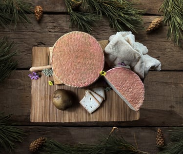 Rustic wheel of artisanal washed-rind cheese on a wooden board with pine needles and cones.