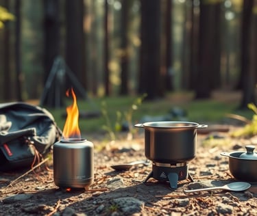 A minimalistic ultralight camping stove made from titanium, set against a backdrop of a forest.