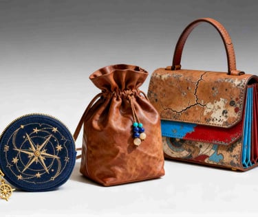 Silk Road Odyssey GWP collection, featuring an embroidered compass pouch and a cracked-leather bag