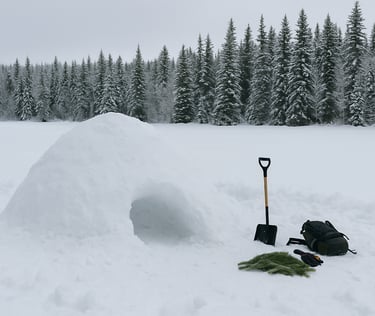 Igloo-style snow shelter with shovel and winter bushcraft gear in snowy forest survival setting