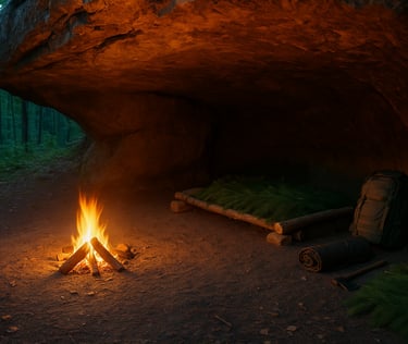 Wilderness cave shelter lit by fire with bushcraft bedroll and survival gear in dark forest setting