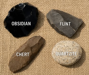 Collection of survival cutting stones including obsidian chert flint and quartzite for primitive tool crafting