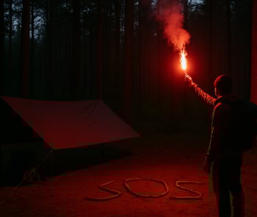 Camper holding red flare by tent at night with SOS letters in dirt for distress signal