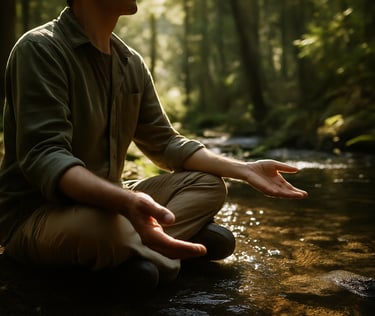 Man meditating beside a forest river using mindfulness to manage stress and stay mentally strong in a survival situation