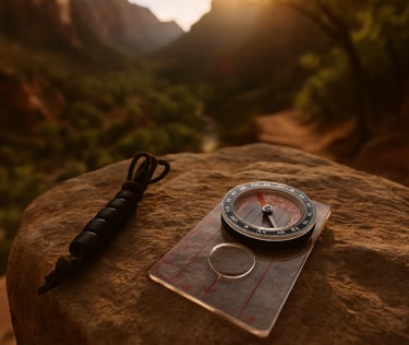 Compass, map, and whistle on rock at golden hour in desert canyon, representing essential survival tools