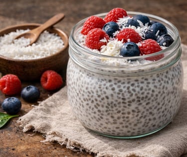 Pudin de chía con leche de coco, arándanos y frambuesas frescas, acompañado de coco rallado, ideal c