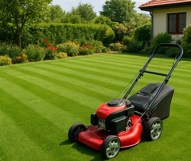 Самоходна косачка, оставена върху тревата след прясно косене, заобиколена от къса и равна трева.