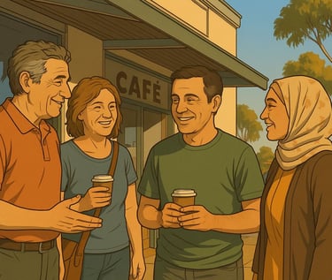 Italian-Australian friends chatting outside Robinvale café in bright morning light, coffee cups, gum trees and blue sky.