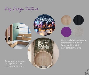 moodboard of wood, neon, purple, black