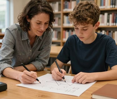 A high school student solving geometry equations with a encouraging mentor at a wooden table in a British Columbia library, soft warm lighting.