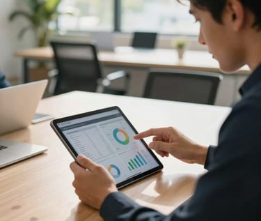 A social media specialist reviewing content analytics on a tablet during a strategy meeting in a sunny Florida workplace setting.