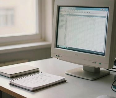 Wide environmental shot of a tidy desk with an early-2000s CRT monitor showing a spreadsheet grid, a spiral notebook with handwritten formula notes beside it, warm morning window light, slightly warm film tone, no people
