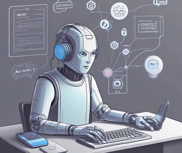 A smartphone displays a webpage related to ChatGPT, showcasing details about the language model and its development. The screen shows text explaining ChatGPT's capabilities and origins. In the background, a logo with a neural network design and the word 'ChatGPT' are visible.