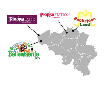 Map of Belgium showing locations of major theme parks Plopsaland, Bellewaerde, Plopsa Station, and Bobbejaanland.