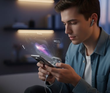 Um homem de camisa azul está segurando um celular