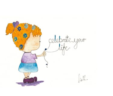 Watercolor illustration of a girl holding a string forming the words celebrate your life.