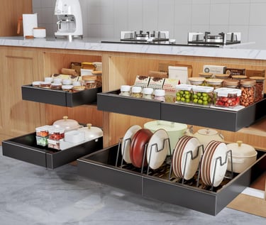 Modern kitchen with pull-out cabinet organizers and drawers storing plates, jars, and cookware.