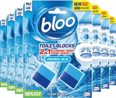 a bunch of toilet blocks with blue and white