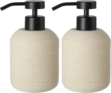 two soap dispensers with soap dispensers