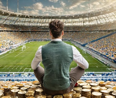 uomo seduto sopra tante monete dentro campo da calcio