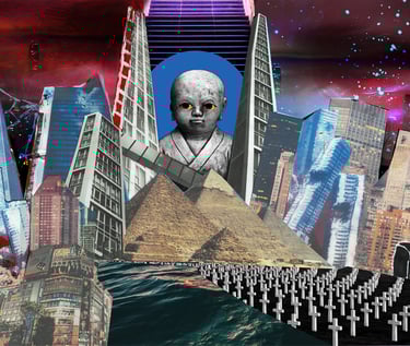 a collage of a man with a pyramid shaped object