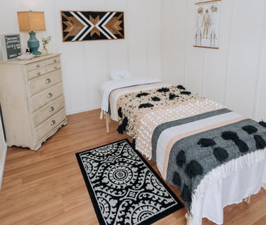 Interior of massage therapy studio with massage therapy tablee