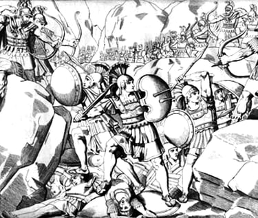 Spartans surrounded by Persians, Battle of Thermopylae. 19th century illustration. Wikipedia