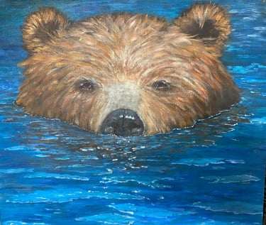 Bear swimming in ocean.  Cute bear looking above water. Acrylic painting Blue colours