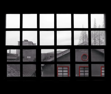 View through window with red-outlined shapes on building