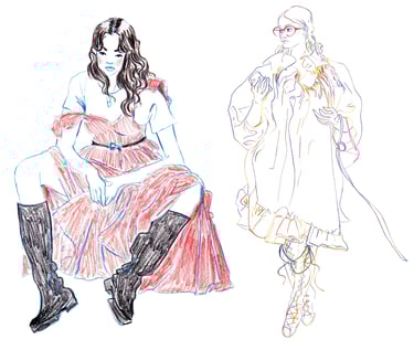 a fashion drawing of a woman sitting on a bench in a long pink dress and high black boots