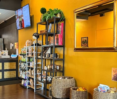 Shelf display items inside Drip Coffee House