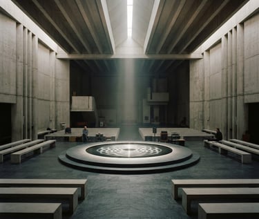 Wide panoramic view of a brutalist listening sanctuary, single shaft of diffused morning light illuminating geometric water cymatics on a central platform, low contrast, alabaster and slate tones, 35mm film.