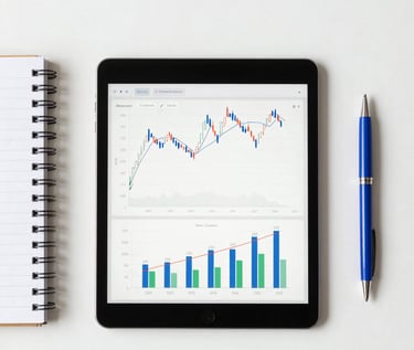Overhead flat-lay of a professional workspace with a tablet showing financial charts, a notebook, and a clean blue pen, bright office lighting