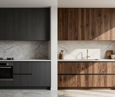 Split-screen architectural visualization. On the left, a photorealistic 3D render of a minimalist kitchen with dark oak cabinetry. On the right, the completed physical kitchen under natural daylight, showing identical wood grain and marble veins.