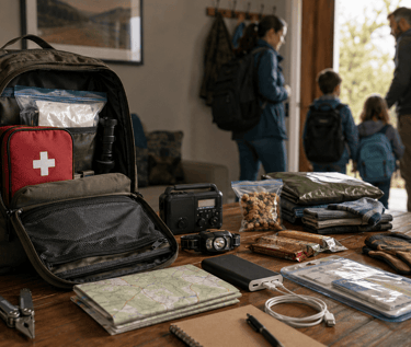 Emergency survival go bag with first aid kit and supplies on a table as a family prepares to evacuate.