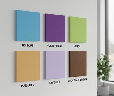 Six colorful square acoustic wall panels in blue, purple, green, gold, lavender, and brown.