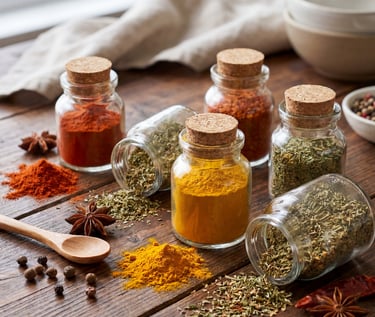 Variety of colorful organic spices and dried herbs in glass jars on a rustic wooden table.