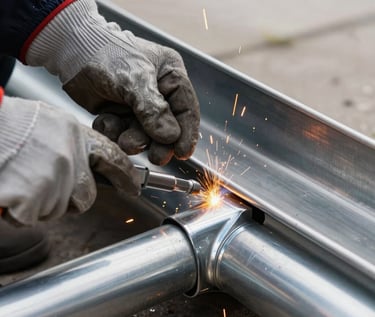 Close-up of a worker's gloved hands performing precision welding on a stainless steel gutter joint, bright orange sparks, clean metallic reflections, outdoor daylight, sharp focus