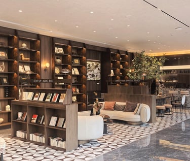 Warm-toned library wall design with display and storage balance.