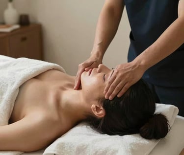 A client relaxing during a peaceful head and shoulder wellness massage in a quiet, softly lit studio in San Diego, California.