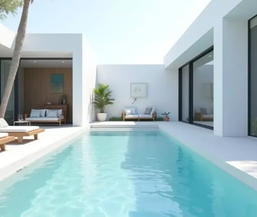 Compact modern plunge pool with aqua blue water and light mosaic tiles, set in a minimalist courtyar