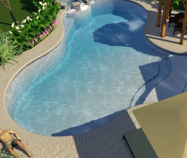 Freeform resort-style pool with pale blue water, light interior finish and tan curved coping tiles