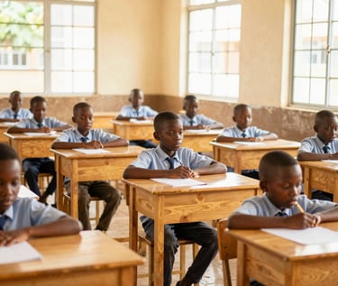 Orderly classroom at Saint Marc school in Abidjan, natural light streaming through windows, children focused on their desks, warm editorial style