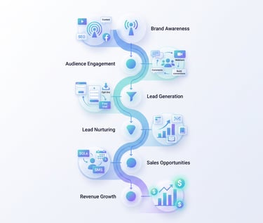 Demand generation funnel infographic showing the buyer journey - brand awareness to revenue growth.