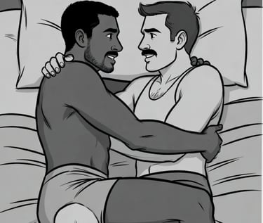 2 males in bed with arms across each other