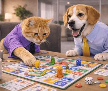 A cat and beagle dog wearing t-shirts and ties playing a colorful board game on a wooden table.