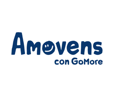 Amovens con GoMore blue brand logo for carsharing and car rental services on a black background.