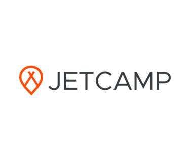 JetCamp logo featuring an orange camping tent icon inside a map pin on a black background.
