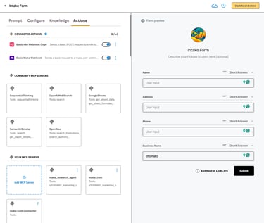 Pickaxe UI Connected Actions, MCP Servers, N8N, Make.com and Custom Actions. Pickaxe Smart Form Backend.