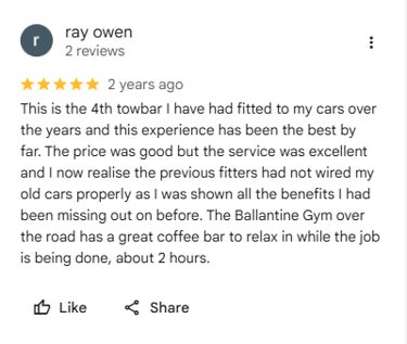 Google review from Ray Owen praising Starmo Auto Electrics for excellent towbar fitting service,